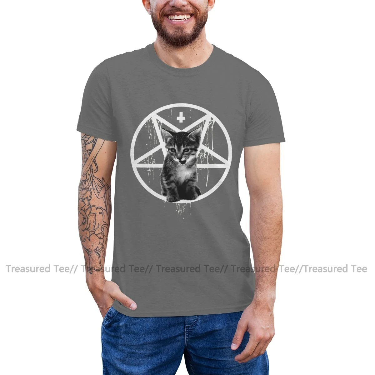 Satan T Shirt Obrátený Kríž Pentagram Cat T-Shirt Fun Pláž Tee Tričko Grafické Krátke Rukávy Tričko Bavlna . ' - ' . 3