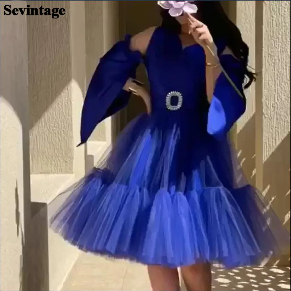 Sevintage Royal Blue Satin Tylu Saudská Arábia Prom Šaty, Dlhé Rukávy Midi Formálnej Strany Plášte Riadok Dubaj Ženy Večerné Šaty . ' - ' . 0