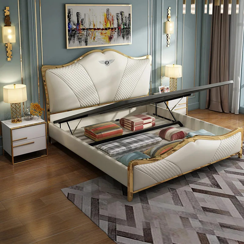 Talianska luxusná kožená posteľ, spálňa, 1.8 m manželská posteľ, moderný jednoduchý Hong Kong-štýl kože umenie posteľ . ' - ' . 2