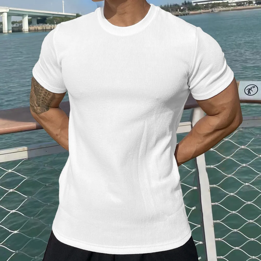 Telocvičňa Vysoká Kvalita Muži T-shirt O-Neck Fashion Slim jednofarebné tričká Muž Fitness Pružnosť Krátky Rukáv Tees Oblečenie, Topy . ' - ' . 0