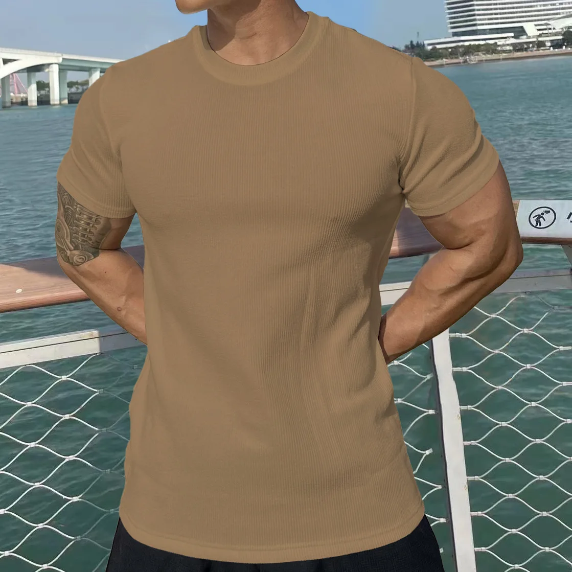 Telocvičňa Vysoká Kvalita Muži T-shirt O-Neck Fashion Slim jednofarebné tričká Muž Fitness Pružnosť Krátky Rukáv Tees Oblečenie, Topy . ' - ' . 3