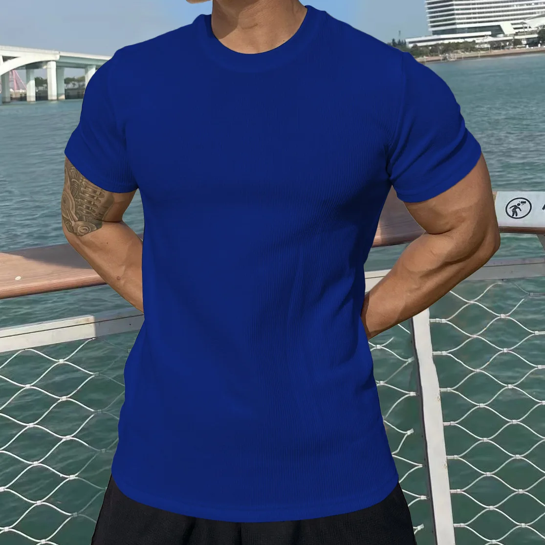 Telocvičňa Vysoká Kvalita Muži T-shirt O-Neck Fashion Slim jednofarebné tričká Muž Fitness Pružnosť Krátky Rukáv Tees Oblečenie, Topy . ' - ' . 4