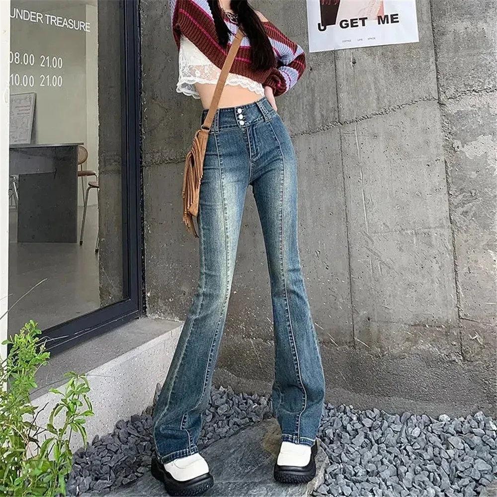 Vintage Streetwear Vysoký Pás Tri-zrno Tlačidlo Svetlice Džínsy kórejský Módne Slim Denim Stretch Nohavice Harajuku Y2k Ženy Nohavice . ' - ' . 2