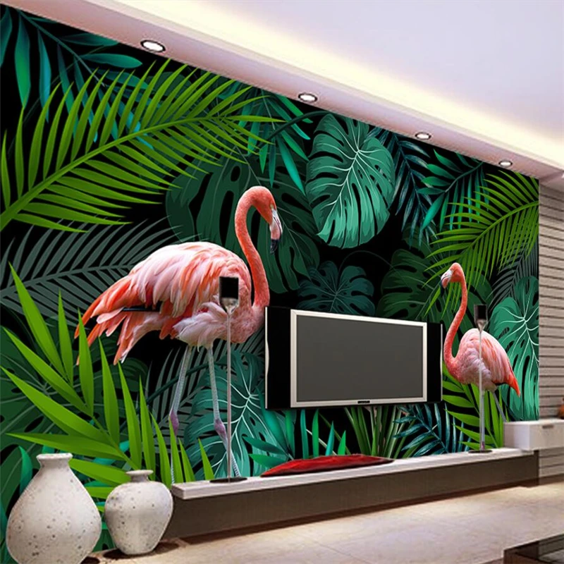 wellyu Moderné ručne maľované dažďového pralesa flamingo pozadí steny vlastné veľké nástenné zelená tapeta abstraktných de parede para quarto . ' - ' . 0