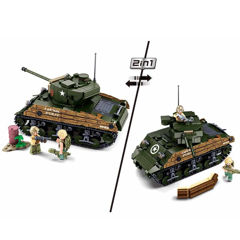 WW2 Vojenské Armády Vozidla Sherman M4A3 Stredný Tank Stavebné Bloky Obrázok Vojak Zbraň WW1 Tehly Klasický Model Deti Hračky Darček . ' - ' . 0