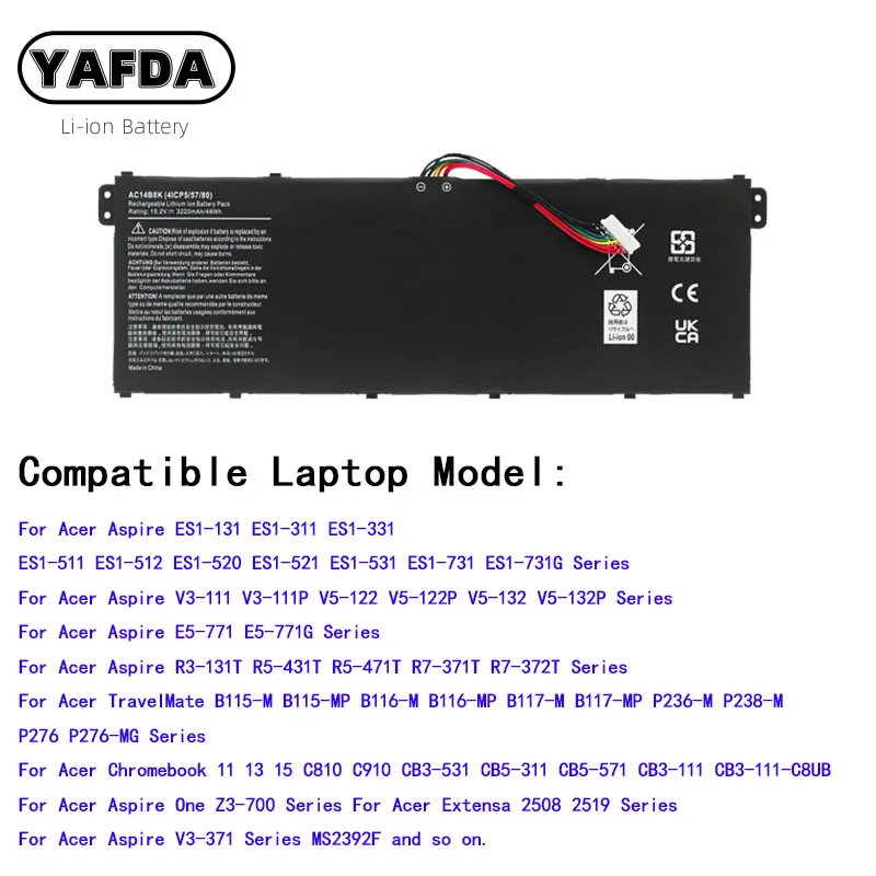 YAFDA AC14B8K Batéria Pre Acer Aspire CB3-111 CB5-311 ES1-512 ES1-511 S1-521 ES1-520 ES1-531 E5-771G ES1-731 V3-371 15.2 V 48WH . ' - ' . 2
