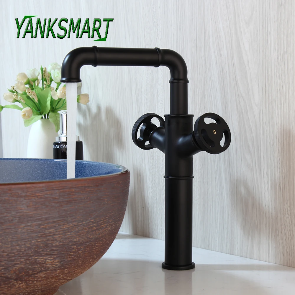 YANKSMART Matte Black Kúpeľňa Umývadlo Umývadlo, Batérie, Pevné Brass Palube Namontované Priemyselné Jedinečný Dizajn Dual Rukoväte Zmiešavač Vody na . ' - ' . 0