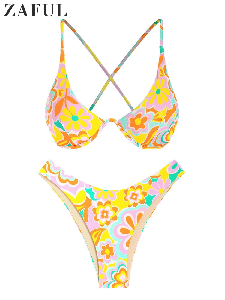 ZAFUL Ženy Vytlačené Kvetinový Kvet Plavky Späť Kravatu Criss Cross Underwire Monowire Top Dve Kus Cheeky Bikini Set plavky . ' - ' . 0