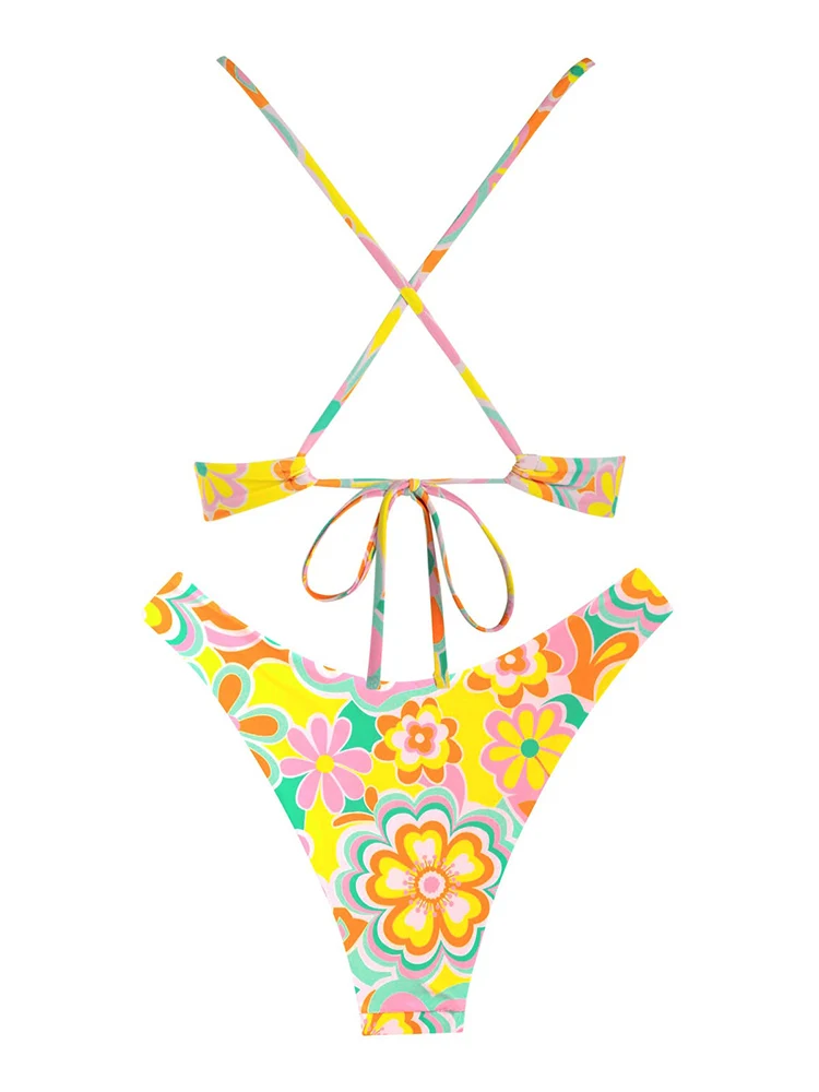 ZAFUL Ženy Vytlačené Kvetinový Kvet Plavky Späť Kravatu Criss Cross Underwire Monowire Top Dve Kus Cheeky Bikini Set plavky . ' - ' . 1