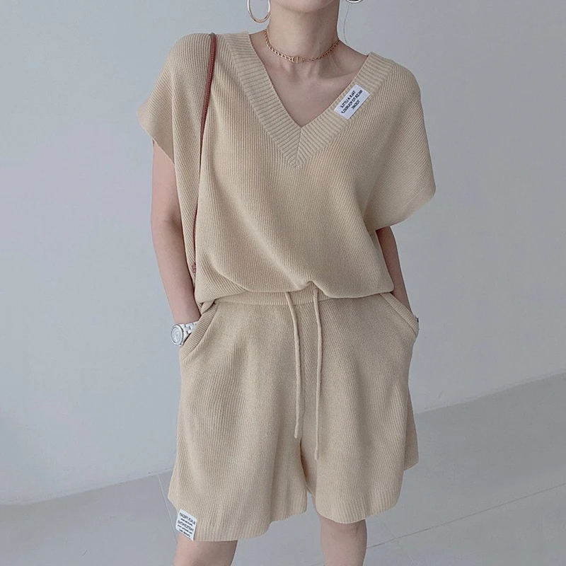Ženské kórejský tvaru krátky rukáv voľné pletené hore a elastický pás šortky twinset domov bežné oblek . ' - ' . 2