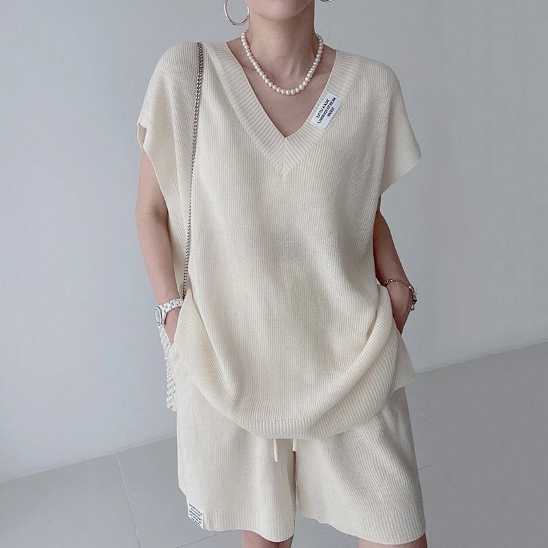 Ženské kórejský tvaru krátky rukáv voľné pletené hore a elastický pás šortky twinset domov bežné oblek . ' - ' . 3