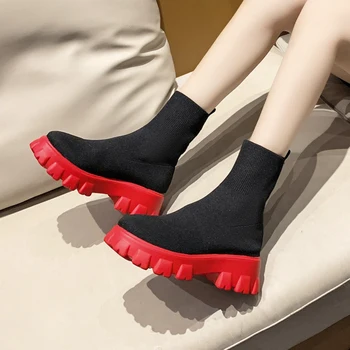 2021 Jeseň Zima Nové Slip-Na Ponožky, Topánky Ženy platformu Bežné Veľké Veľkosti Pletené Krátke Topánky, Ženy Členková Obuv botas de mujer