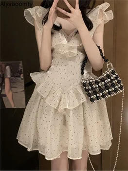 2022 Letné Japonské Ženy Lolita Mini Šaty V Krku Polka Dot Volánikmi Šaty Duté Sa Backless Roztomilý Kawaii Strany Víla Šaty