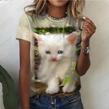 2023 dámske Letné Hot Predaj Nové Módne Cute Cat 3D Vytlačené Krátky Rukáv T-shirt Kolo Krku Osobné Ležérny Štýl Top