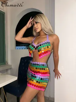 2023 Jar Leto Sequin Farebné Sexy Šatka Backless Ručné Spojov Šatka Nastaviť Ženy Rainbow Sukne Dvoch-Dielny Set Žena