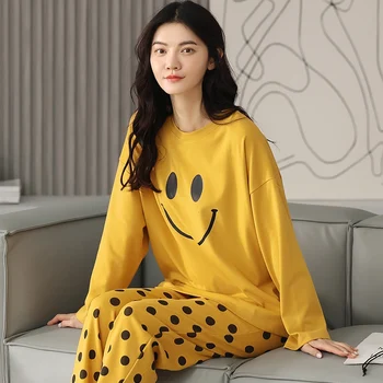 2023 Jeseň Dlhý Rukáv, 100% Bavlna, Tlač Pajama Sady pre Ženy kórejský Voľné Sleepwear Vyhovovali Pyžamo oblečenie pre voľný čas Pijama Mujer Oblečenie
