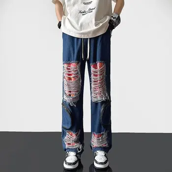 2023 Ropa Grunge Y2K Streetwear Neforemné Skladaný Roztrhané Džínsy, Nohavice Mužov Oblečenie Rovno Šnúrkou Džínsové Nohavice Pantalon Homme