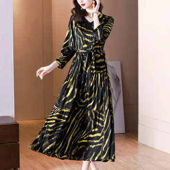 2023New Ženy Kvalitný Hodváb tvaru Dlhé Rukávy Tlač Šaty kórejský Módne Oblečenie pre voľný čas Jar Leto Elegantné Party Šaty