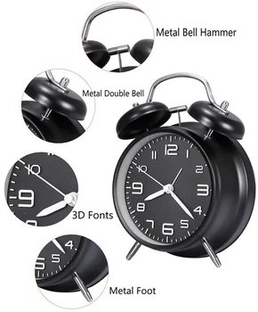 4 Palcový Twin Bell Hlasný Alarm Clock Kovový Rám 3D Ciferník s Podsvietenie Batérie Pracovať Stôl, Stolný Budík Pre Domácnosti a Kancelárie