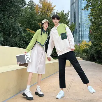 5336#Páry matchiSpring škole štýl tričko temperament šaty falošné dva kusy pás zobraziť tenké kórejská verzia pár oblečenie