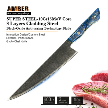 Amber Nehrdzavejúcej Ocele, Kuchynské Nože s Vysokou Kvalitou 10Cr15Mov 3 Vrstvy Opláštenia Oceľových Kuchár Sekáčik a Nôž Varenie