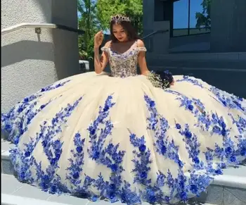 Arabský Štýl Modrá Quinceanera Šaty Maškaráda Opuchnuté plesové Šaty Prom Šaty S Appliques Sweet 16 vestidos de 15 anos