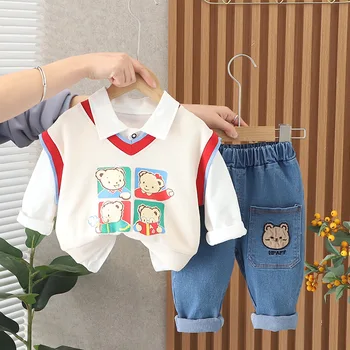 Baby Boy Dizajnér Luxusné Oblečenie pre Deti od 1 do 5 Rokov Cartoon Pletená Vesta bez Rukávov + Biela T-shirts + Džínsy Batoľa Oblečenie