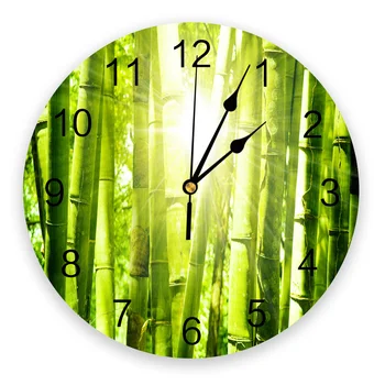 Bamboo Forest Slnečné Svetlo Zelené Rastliny, Okrúhle Nástenné Hodiny Visí Tichý Času Domáce Interiér Spálne, Obývacia Izba, Pracovňa Dekor