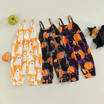 Batoľa Detský Baby Dievčatá Halloween Romper Ghost/Kreslených Mačka Tekvica Tlač bez Rukávov Šatka Jumpsuit Oblečenie 1-6T