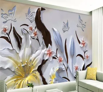 beibehang Prispôsobené moderné nástenné pozadí fotografie slivka úľavu jednoduchý štýl lily hotel spálňa domáce dekorácie, tapety