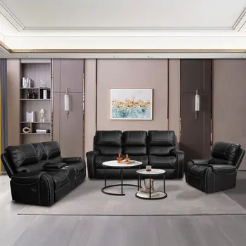 Black Faux Kožené Ležiaceho Pohovka, Gauč Nastaviť 1+2+3 pre Obývacia Izba Jednoduchá montáž pre vnútorné nábytok do obývacej izby