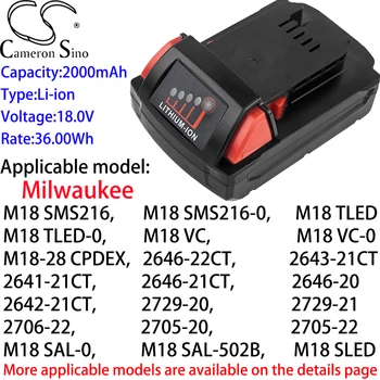 Cameron Čínsko Ithium Batérie 2000mAh 18.0 V pre Milwaukee M18-28 CPDEX,M18-28 CPDEX-0,2646-22CT,2643-21CT,2641-21CT,2646-21CT