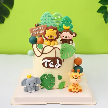 Cartoon Lesa Tematické Narodeninovú Tortu Dekorácie Živice Zvierat Lev, Slon Panda Opice Stromček, Ozdoby pre Dieťa Shwoer