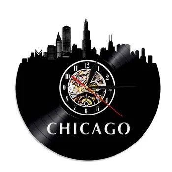 Chicago Illinois Skyline Vinyl 3D Nástenné Hodiny Chicago City Skyline Umenie Minimalistický Nápady na Darček Pre Neho Jej Minimalistický Dekor