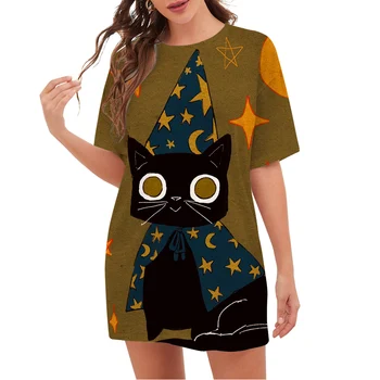 CLOOCL Ženy T-shirt Najnovšie Halloween Kreslených Mačka 3D Tlač Voľné Bežné Krátky Rukáv, golier Posádky Krku Tees Zvierat Nadrozmerné Topy