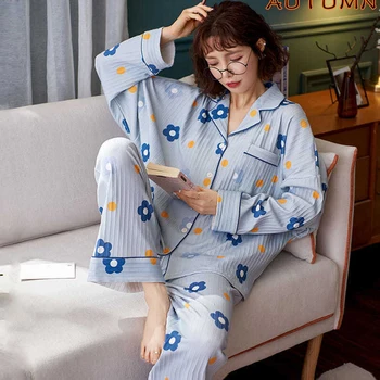 Dámske Bavlnené Sleepwear Kvet Pyžamo Svetlo Modrá Dlho Pijama Nastaviť Mäkké Dámy Nadrozmerné voľný čas Kvalitné Odev 2023