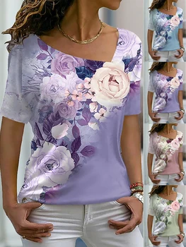 Dámske Kvetinové Maľovanie na Tričko Ruže Kvetinový Tlač V Krku Základné Topy Krátky Rukáv T-shirt XS-8XL/3D Tlač
