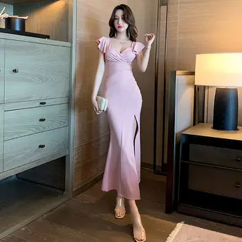 Elegantné Večerné Šaty Žien 2023 Lete High-End Celebrity Sexy tvaru Nízky Rez Skladaný Slim Fit Split Zabalené Hip Dlhé Šaty