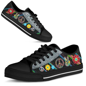 ELVISWORDS Boho Mier Logo Dizajn Čiernej Krajky-up Tenisky Hippie Dizajn Topánky dámske Kvetinové Tlač Plátno Topánky Zapatos Mujer