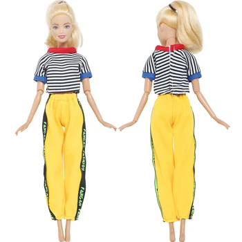 Farebné Doll Oblečenie na Denné Nosenie, Pruhované tričko Žlté Športové Nohavice Nohavice, Oblečenie pre Bábiku Barbie 12