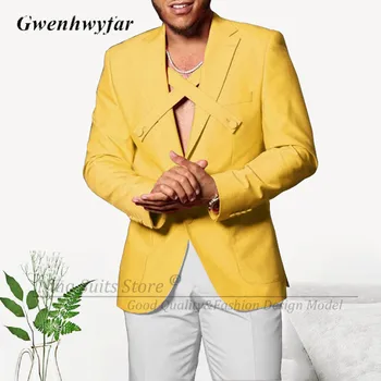 Gwenhwyfar 2023 Nové Zmiešané Farby Muži Obleky Bežné Muž Strán Žltá Sako Biele Nohavice Unikátne Navrhnutý Prierez Pásu na Bunda Hrudníka