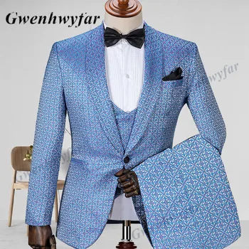 Gwenhwyfar Kostým Homme Jazero Modrá Kosoštvorec Vzor Muži Obleky 3 Kusy Slim Fit Svadobné Tuxedos Groomsmen Obleku pre Strán
