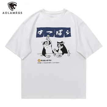 Harajuku Mužov Nadrozmerné T Shirt Japonské Kreslené Mačky TShirts Ležérne Módne Jednoduché Y2K Tees Hip Hop Mužské Oblečenie, Streetwear