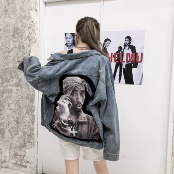 Hip-Hop Streetwear Charakter Nášivka Voľné Denim Jacket Graffiti Jar Jeseň Zase Dole Golier Kabáta Ženy Outwear