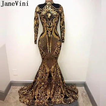 JaneVini Bling Gold Sequin Večerné Šaty Arabské Ženy Morská Víla Dlhý Rukáv Večerné Šaty Lange Jurk Dubaj Formálnej Strany Prom Šaty
