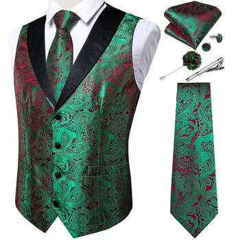 Jedinečný Dizajn Zelená Červená Paisley Vesta pre Človeka Business Módne Slim Fit Šaty, pánske Vesty Kravata Brošňa Klip manžetové gombíky Nastaviť