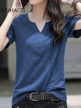 Jednoduchosť Všestranný tvaru Gombíky Krátky Rukáv T-shirt kórejský Štýl Voľné Veľké Veľkosť dámske Letné Nosenie Bavlna Topy