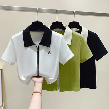 Jin Feige letnej filmovej novej dvojité zips sveter farby zodpovedajúce polo golier sladké pohode joker krátky rukáv T-shirt dievča