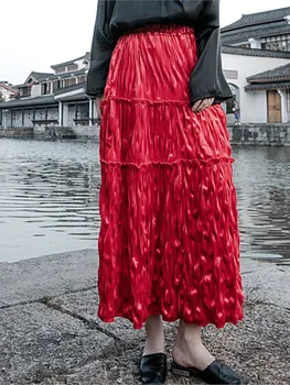 Johnature Ženy Velvet Pokrčené Sukne Polyester Farbou Elastický Pás Patchwork Sukne 2023 Jeseň Nové Pohodlné Oblečenie