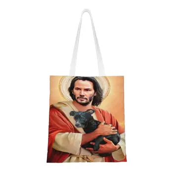 Kawaii Tlač Keanu Reeves Holding Šteňa Nakupovanie Tote Bag Umývateľný Plátno Shopper Rameno Svätého Meme Ježiš Ján Knot Kabelka